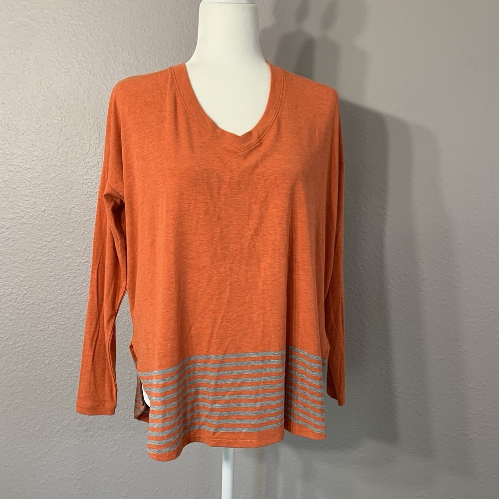 Cabo Hangout Tee Orange Gray Stripe Long‎ Sleeve Split Hem V-Neck Tunic Size XS
